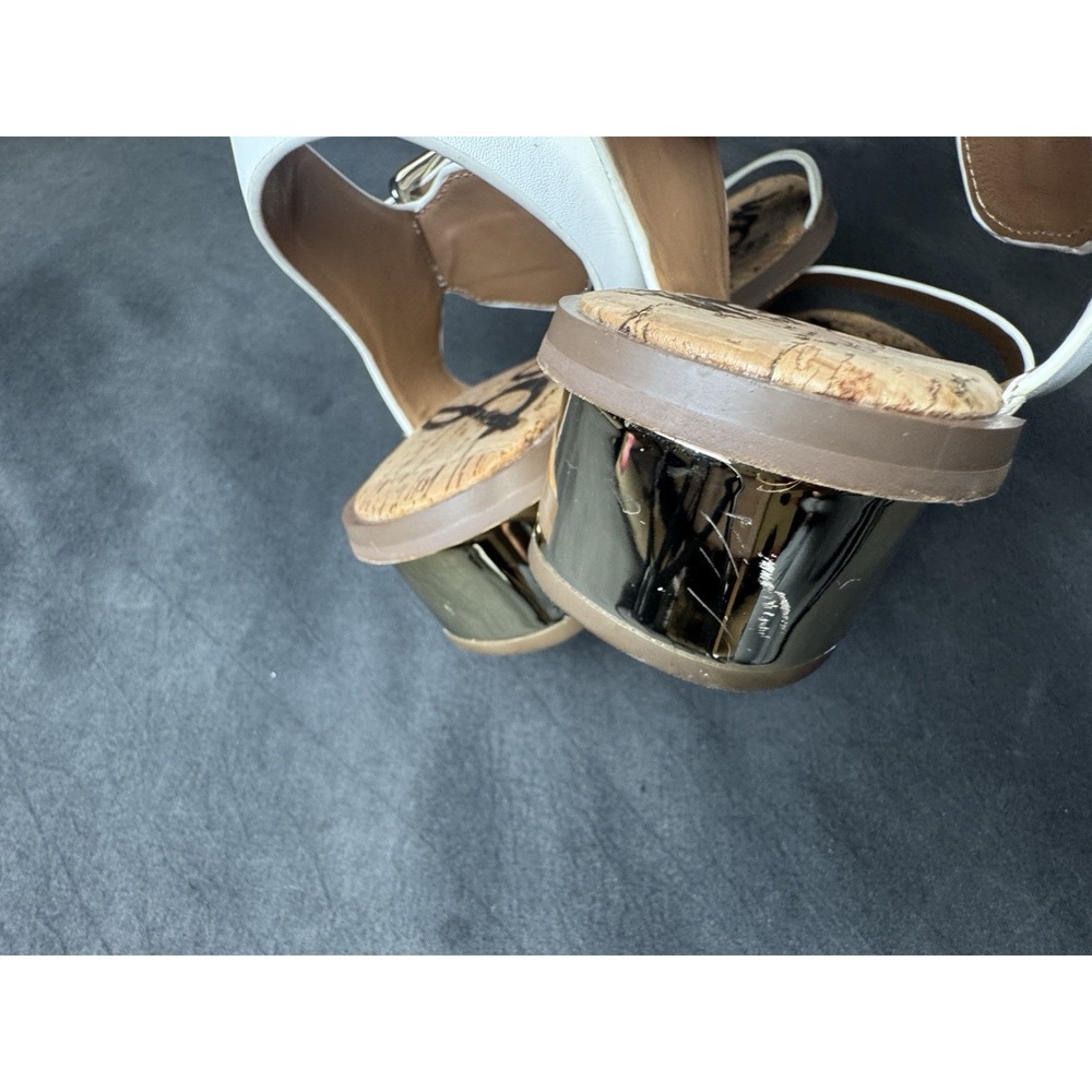 Sam Edelman White Leather Cork Sandals Gold Block Heel Buckle Strap Women's 7.5 - Picture 10 of 13